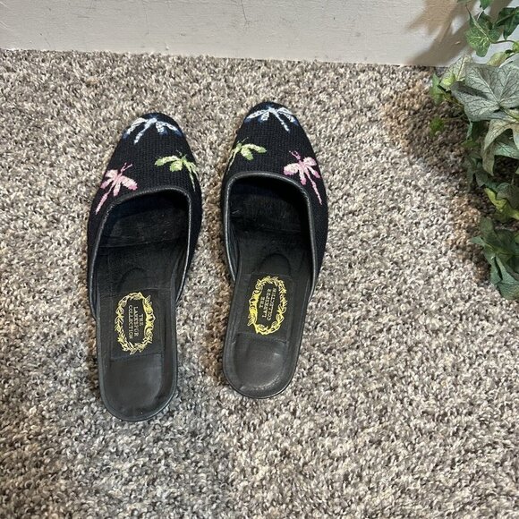 The Larkspur Collection Mule Kitten Heel Black Needlepoint Dragonflies VTG 6.5-7 - Picture 4 of 7